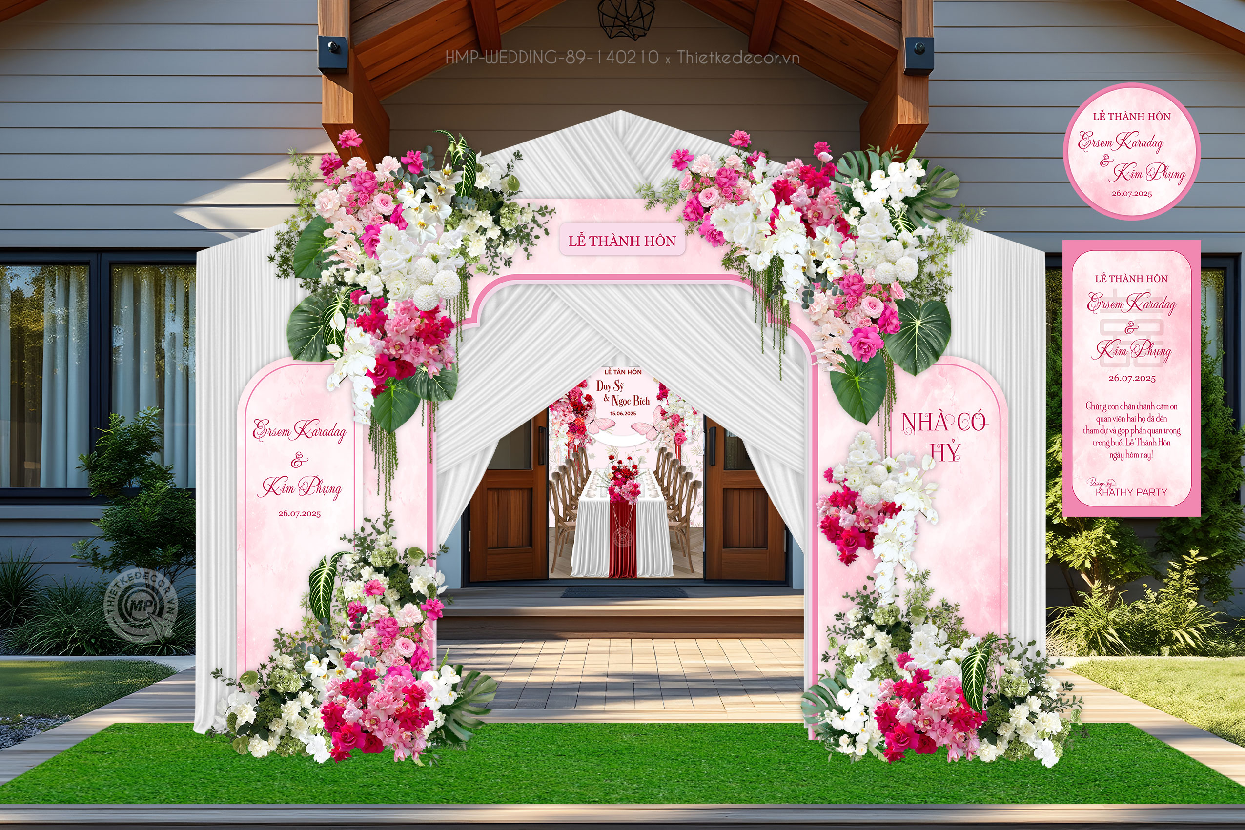 Cổng cưới tone hồng nền loang watercolor - Tem nước tag bàn